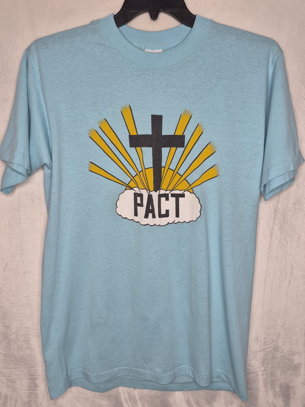 Vintage PACT‎ Christian Cross Sunburst Religous T Shirt Light Blue XL